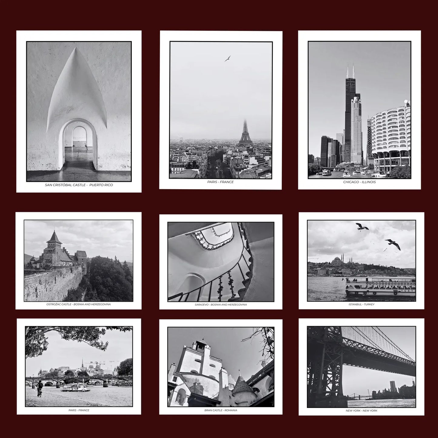 A 3x3 grid of postcards featuring black-and-white architectural and cityscape photographs on a dark red background. The prints feature landmarks and structures including an archway, the Eiffel Tower, skyscrapers, a bridge, and urban scenes.