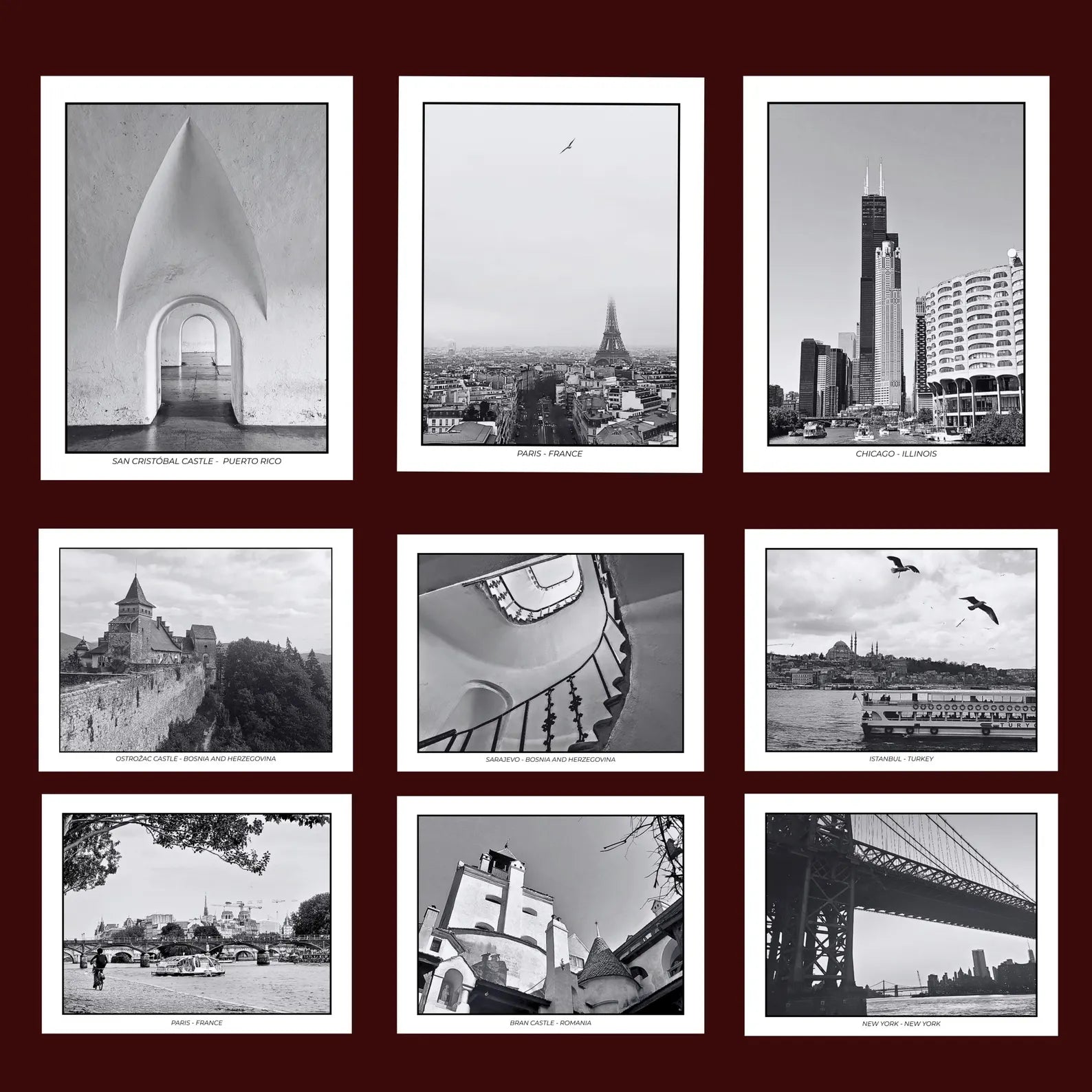 A 3x3 grid of postcards featuring black-and-white architectural and cityscape photographs on a dark red background. The prints feature landmarks and structures including an archway, the Eiffel Tower, skyscrapers, a bridge, and urban scenes.
