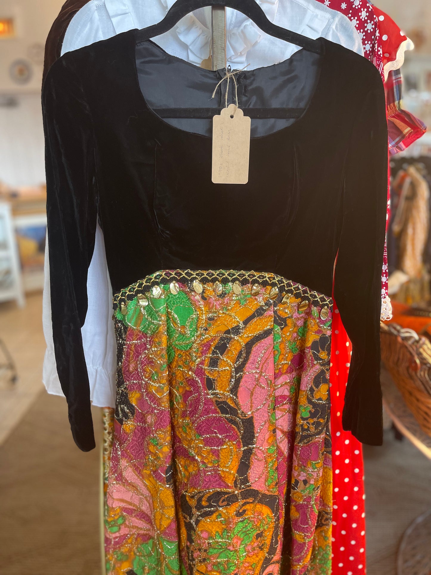 70s Velvet and Colorful Lamé Dress