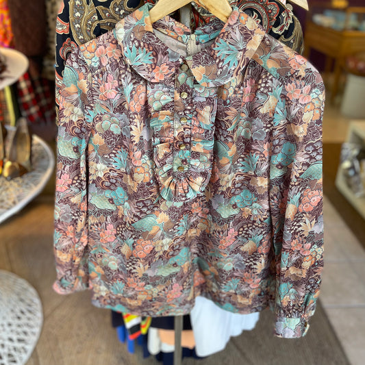 70s Floral Brown Blouse