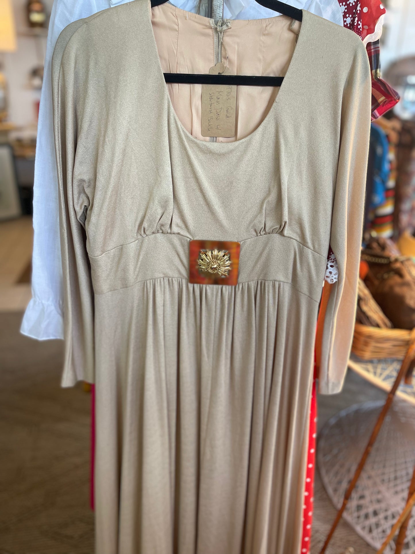 70s Gold Starburst Buckle Maxi Dress