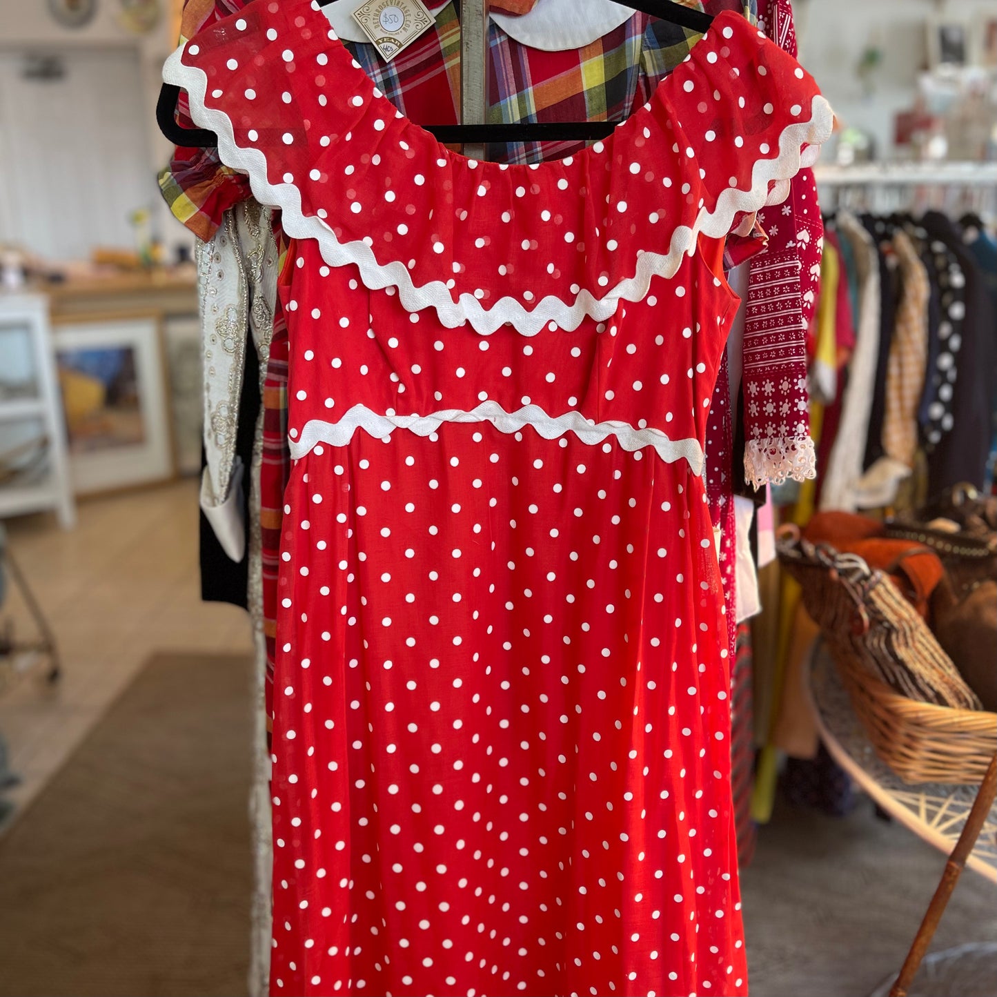 Red 70s Polka Dot Maxi Dress