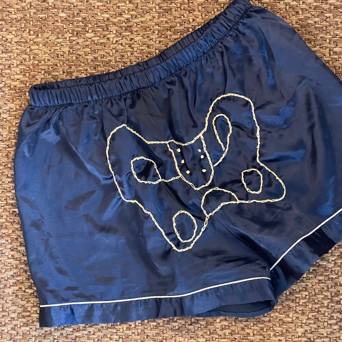 Handembroidered Upcycled Silky Skeleton Pelvis Bone Shorts: M