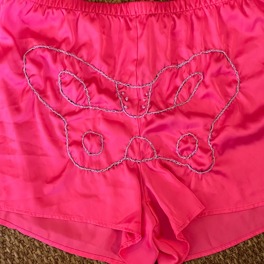 Handembroidered Upcycled Silky Skeleton Pelvis Bone Shorts: XL