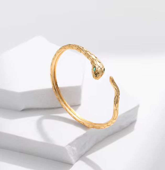 Snake Serpant bangle Bracelet-Engraved Skin-Stainless Steel : Yellow Gold