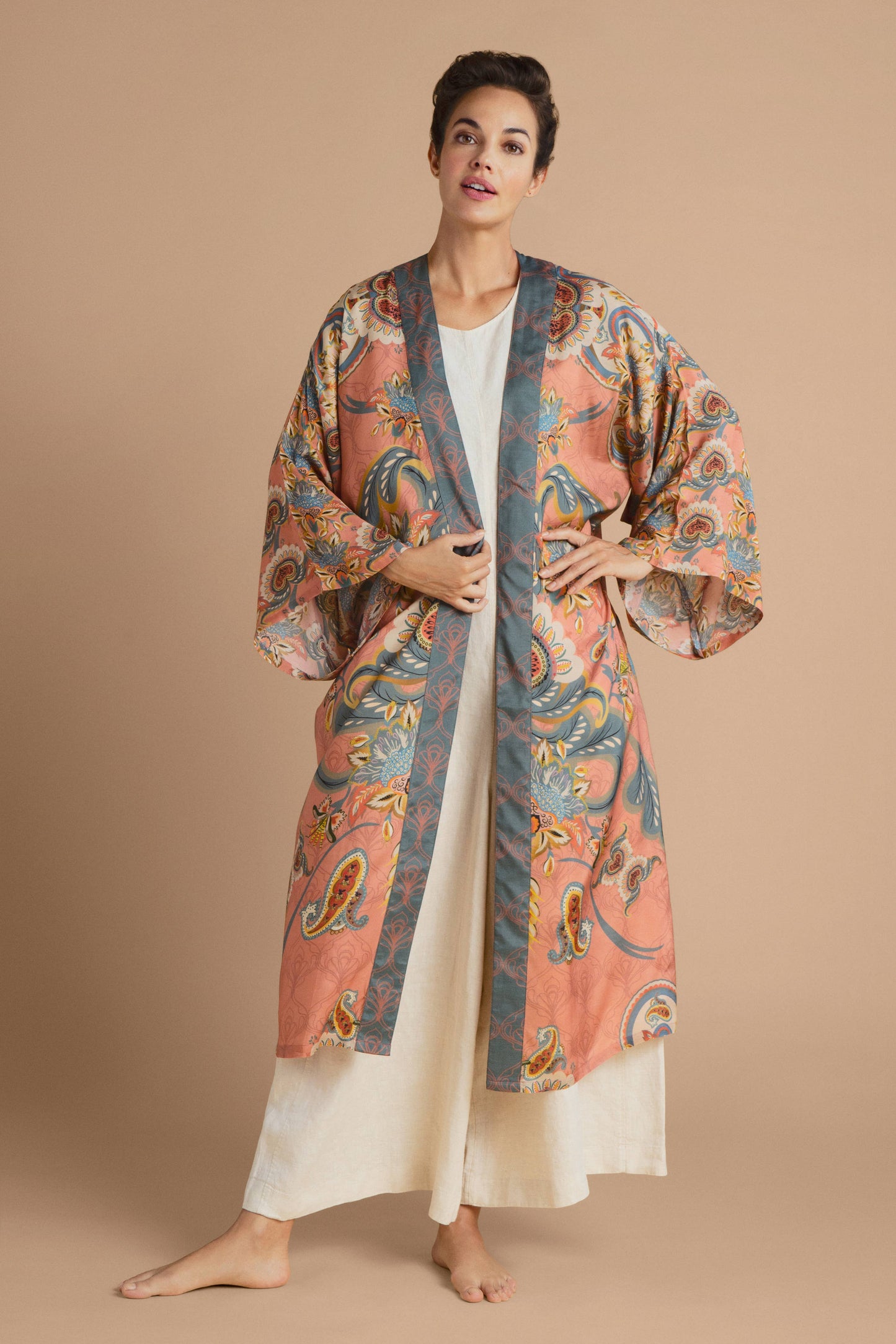 Mediterranean Paisley Kimono Gown - Coral