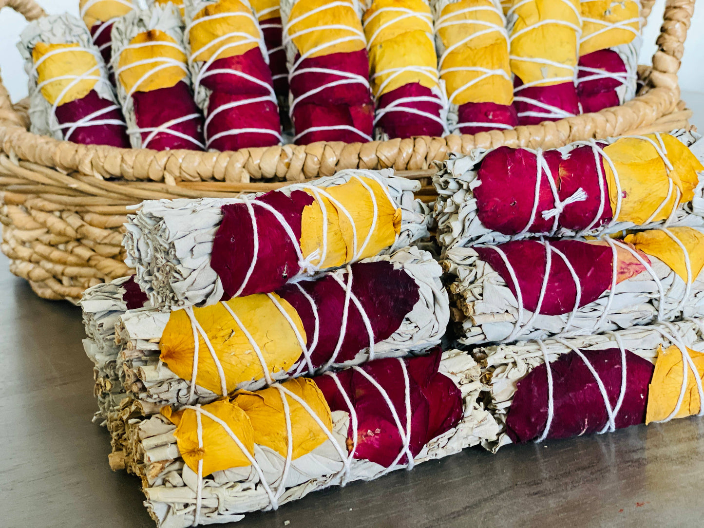 White Sage Smudge Sticks with Dried Rose Petals – Bulk