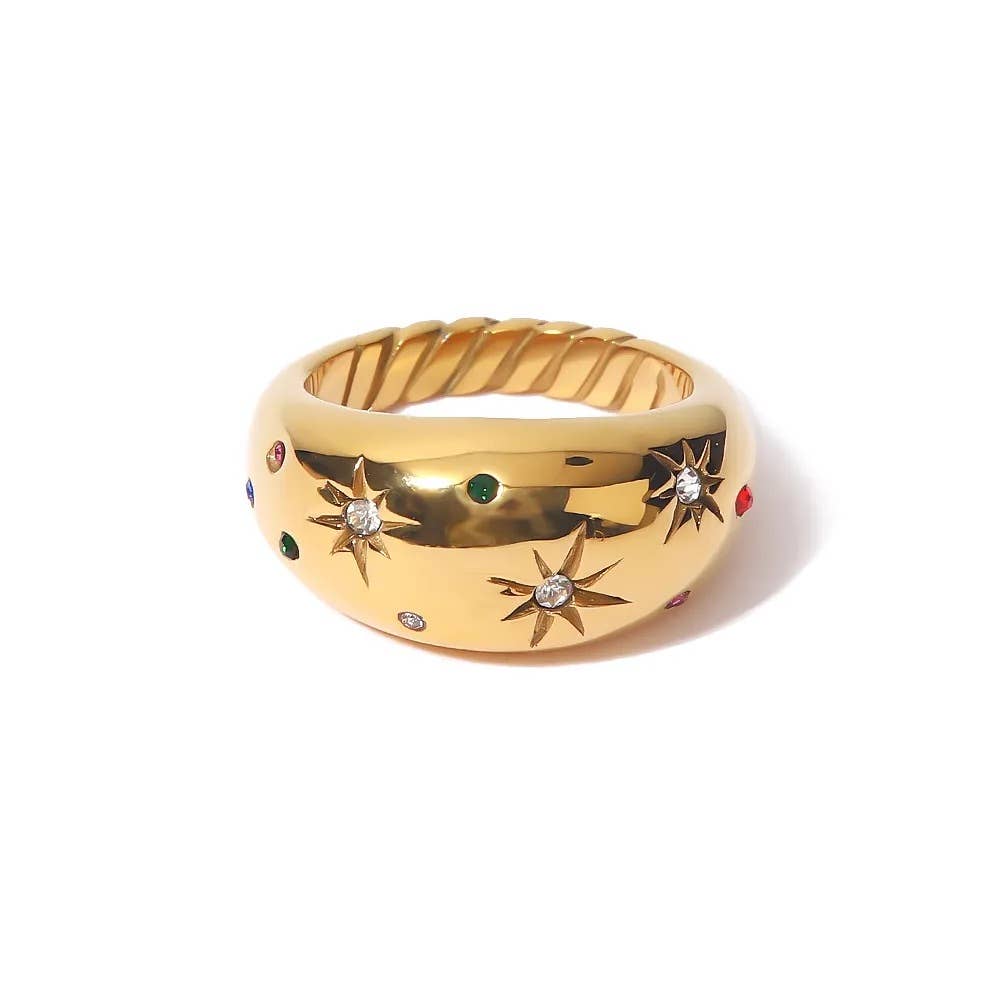 Dome Ring- Galaxy Confetti Ring- Steel 14K Gold Crystals: 8