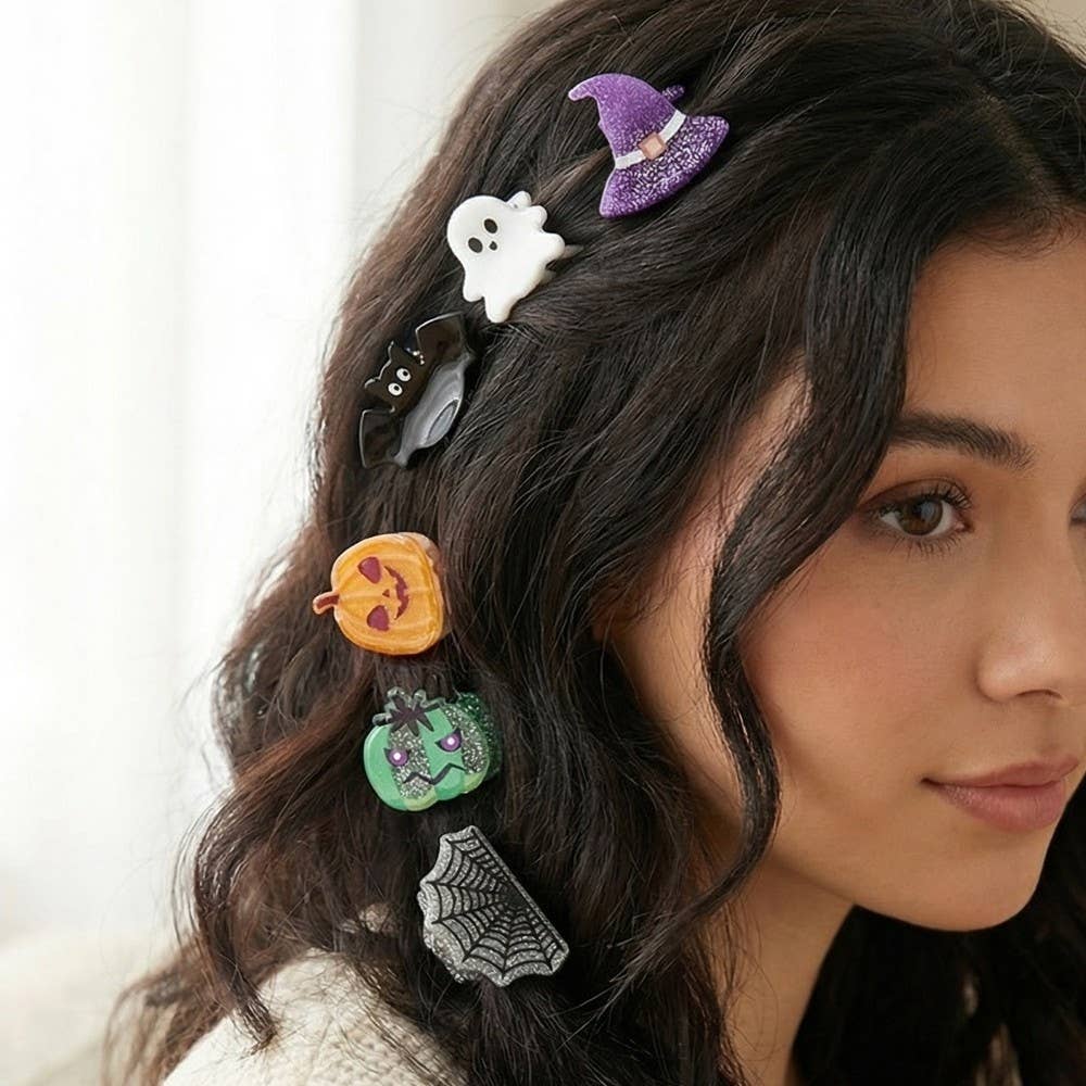 Twelve Piece Assorted Halloween Mini Hair Clips: MULTI
