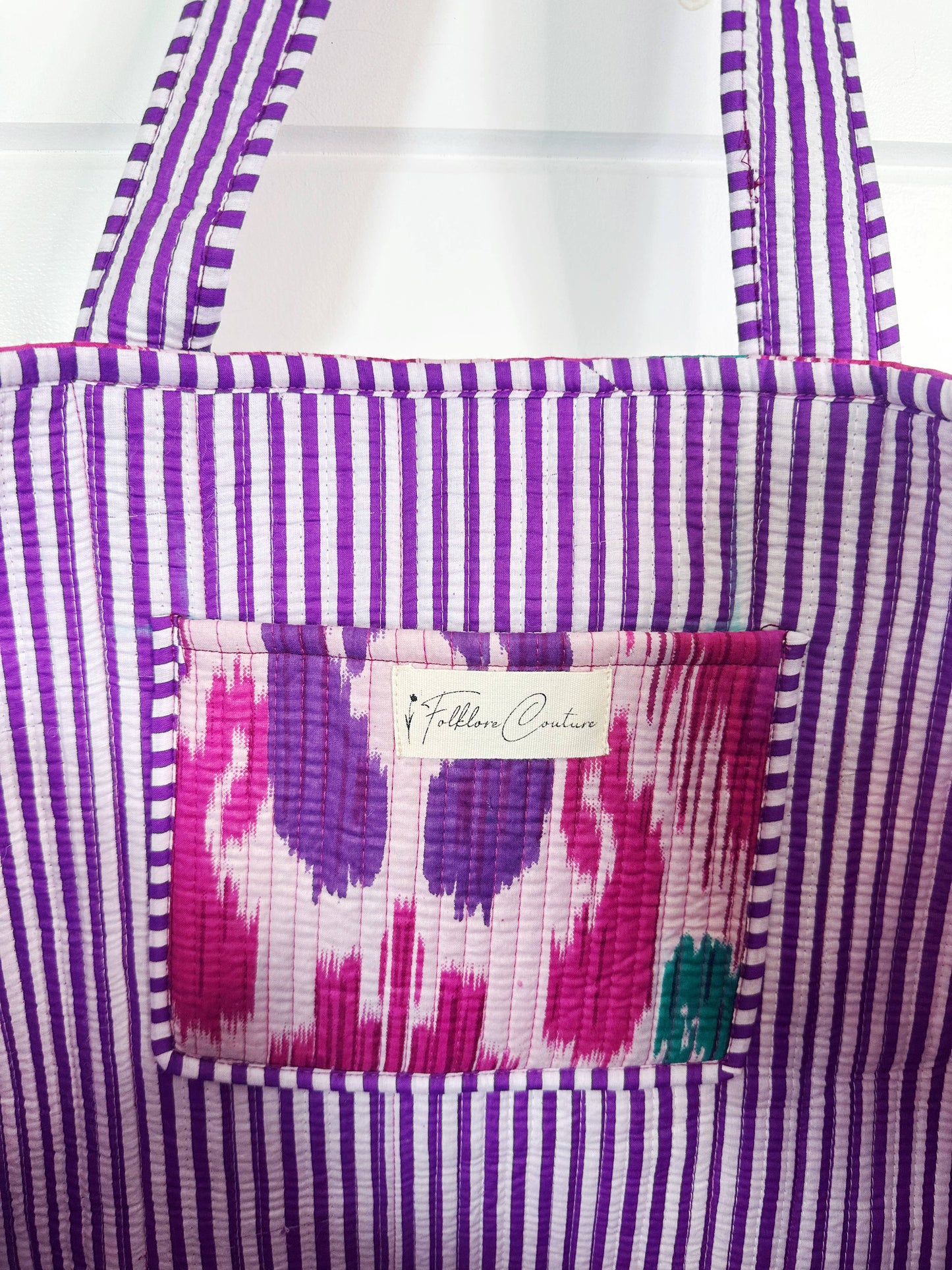 Cotton Quilted Block Print Tote Bag - Purple Ikat Tie Dye