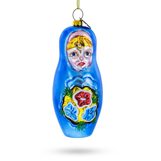 Blue Doll with Flower-  Glass Ornament