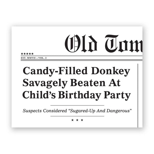 Greeting card with newspaper headline about a candy-filled donkey beaten at a child's birthday party