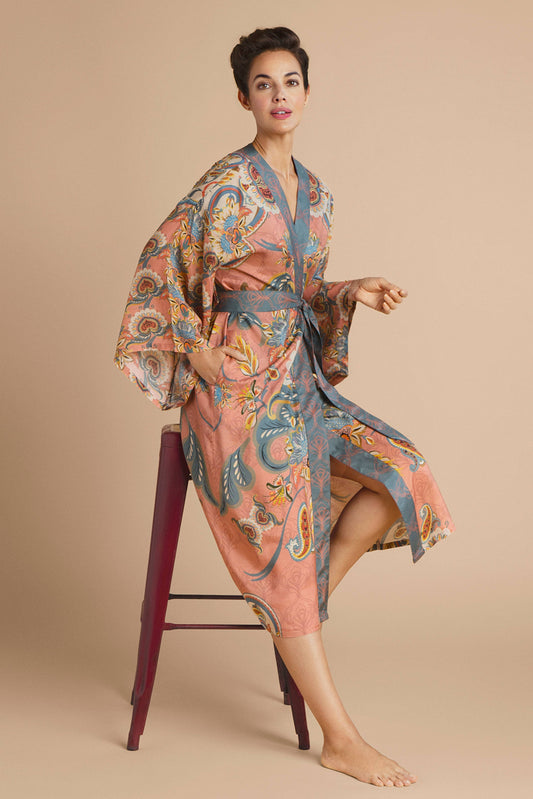 Mediterranean Paisley Kimono Gown - Coral